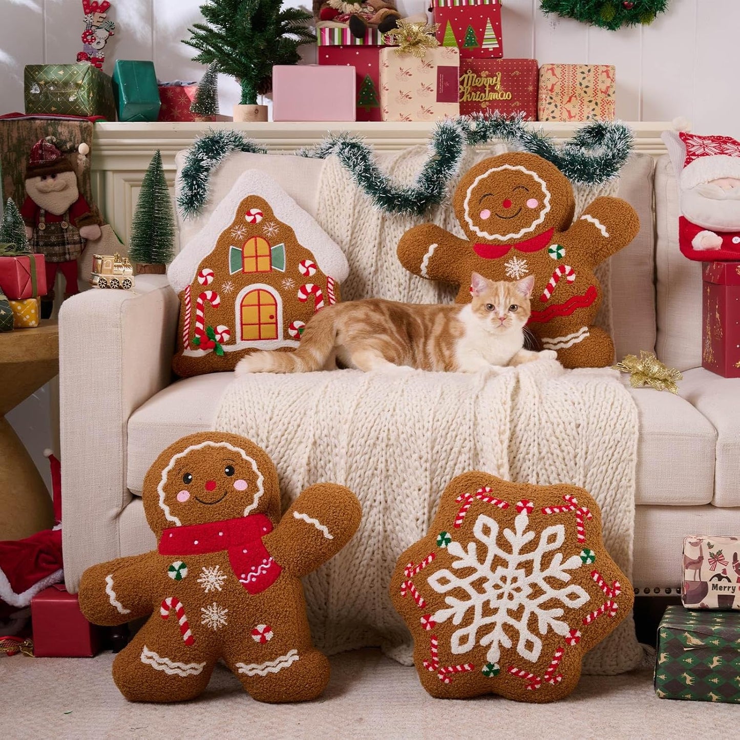 Lanpn Christmas Gingerbread Pillows Set of 4, Christmas Decoration Winter Throw Pillows Soft Fleece Sherpa Cute 3D Shaped Ginger Bread Throw Cushion for Sofa Living Room Bedroom Xmas Decor