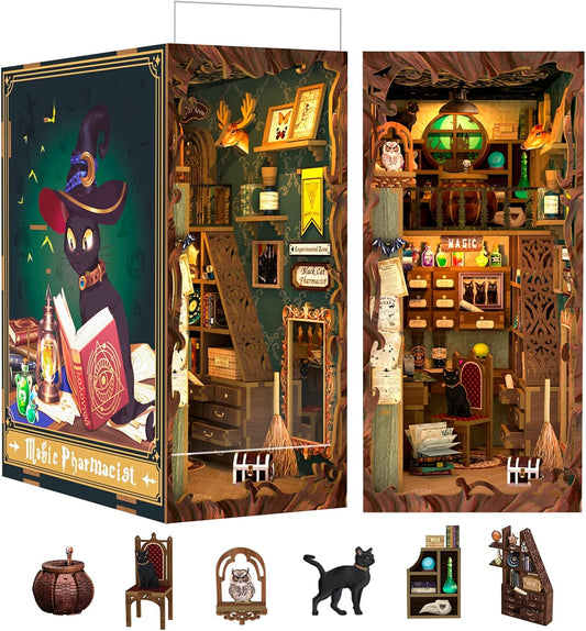 Cutefun DIY Book Nook Kit Birthday Gift for Adults, Teens, Family, DIY Miniature House Booknook Kit Bookshelf Decor 3D Wooden Puzzles for Adults, Tiny Home Model with LED Light (Magic Pharmacist)