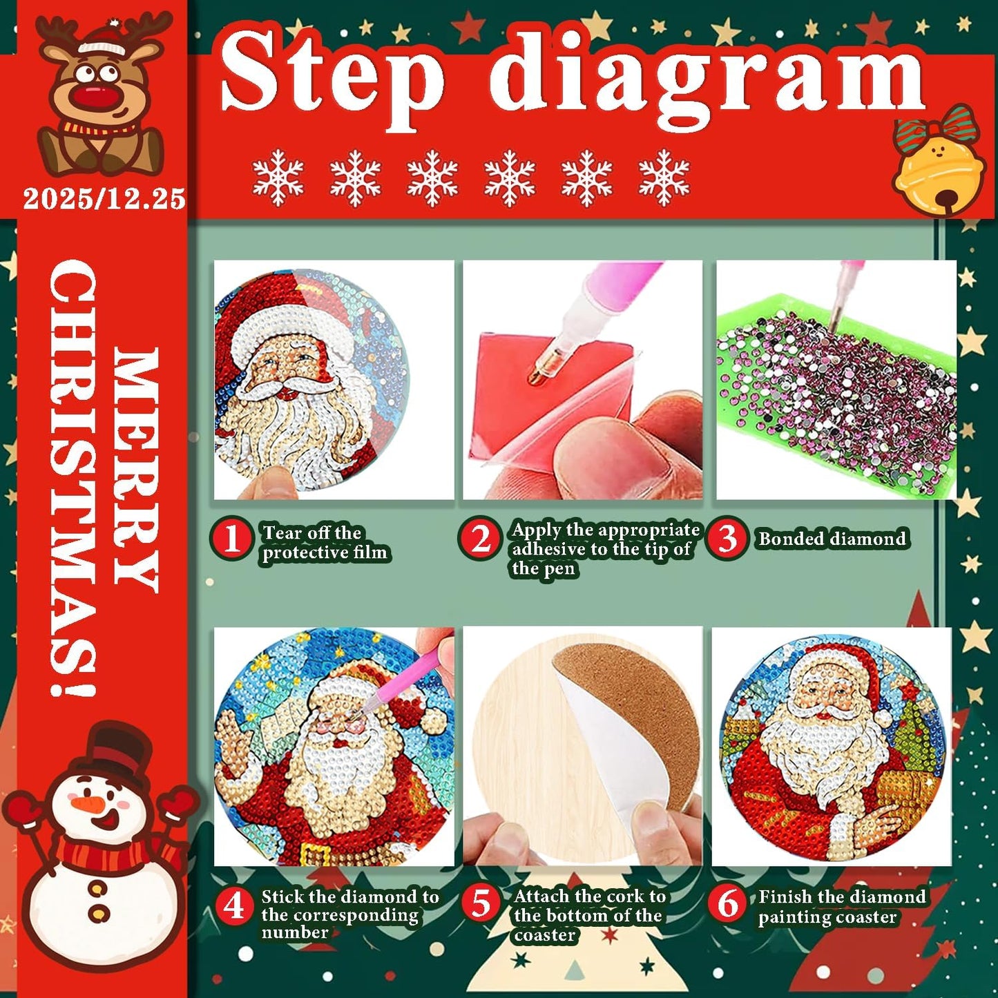 DOTSOPS 8 Pcs Diamond Art Coasters with Holder for Adults Beginners Diamond Craft for Christmas Birthday Gifts (Santa Claus)