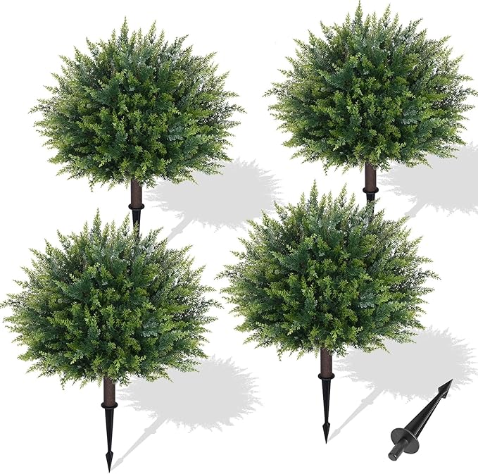 Waipfaru Artificial Plants Outdoor, 23'' Artificial Cedar Topiary with Ground Spike, UV-Resistant Fake Plants Fake Bushes for Christmas Outdoor Indoor Garden Front Porch Decor (4Pcs)