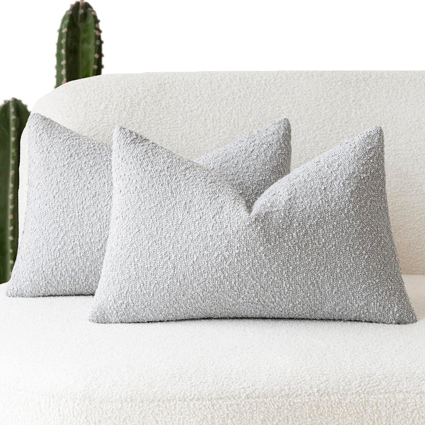 Foindtower Pack of 2 Textured Boucle Throw Pillow Covers Accent Solid Decorative Lumbar Pillow Cases Cozy Woven Couch Cushion Case for Sofa Bedroom Living Room Home Decor, 12 x 20 Inch,Light Grey