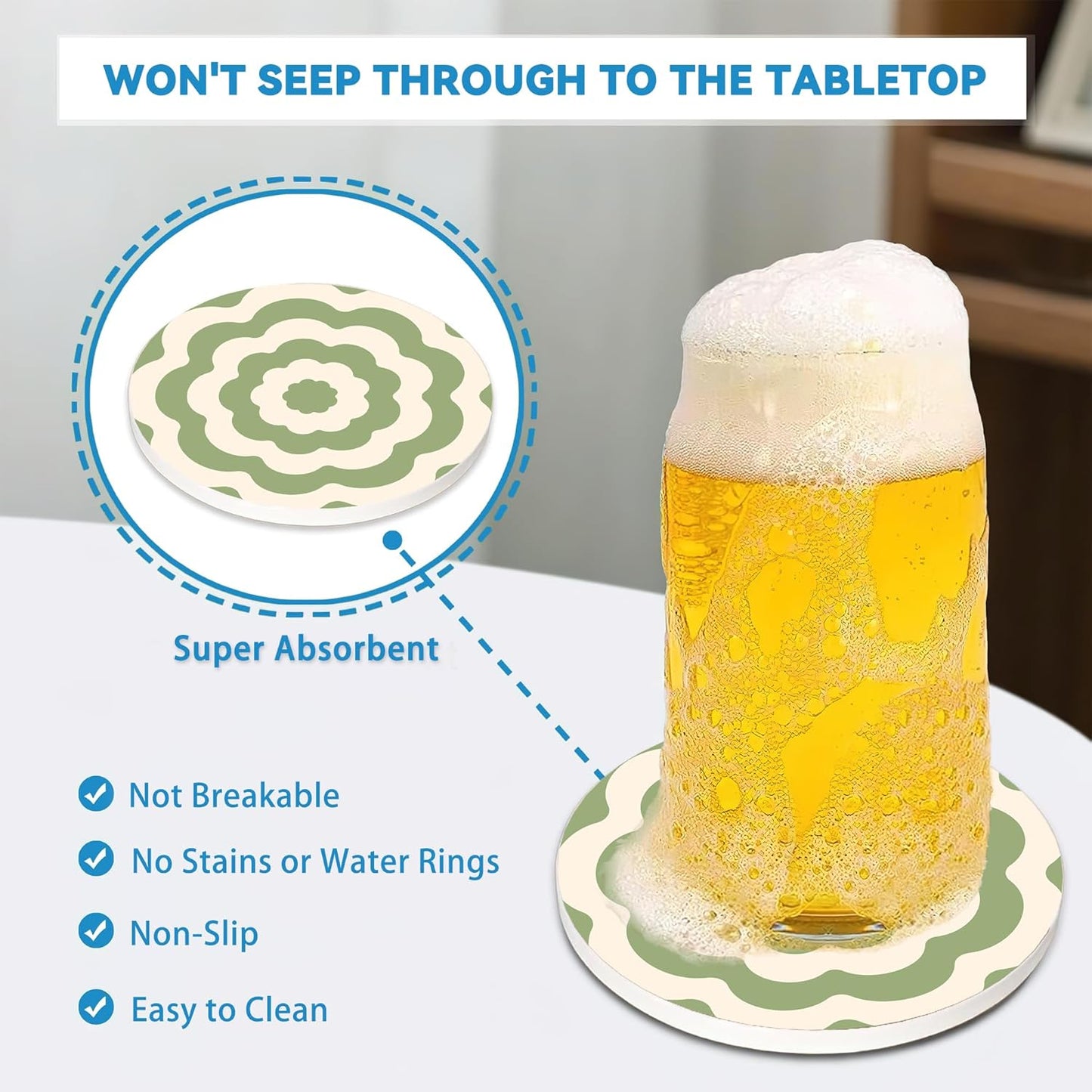 Drinks Coasters Set of 4, Groovy Wave Pattern Round 4" Cup Coasters, Absorbent Ceramic Stone Coasters with Cork Base, Cute Coasters for Table Home Décor, Ideal Gifts for Women Men