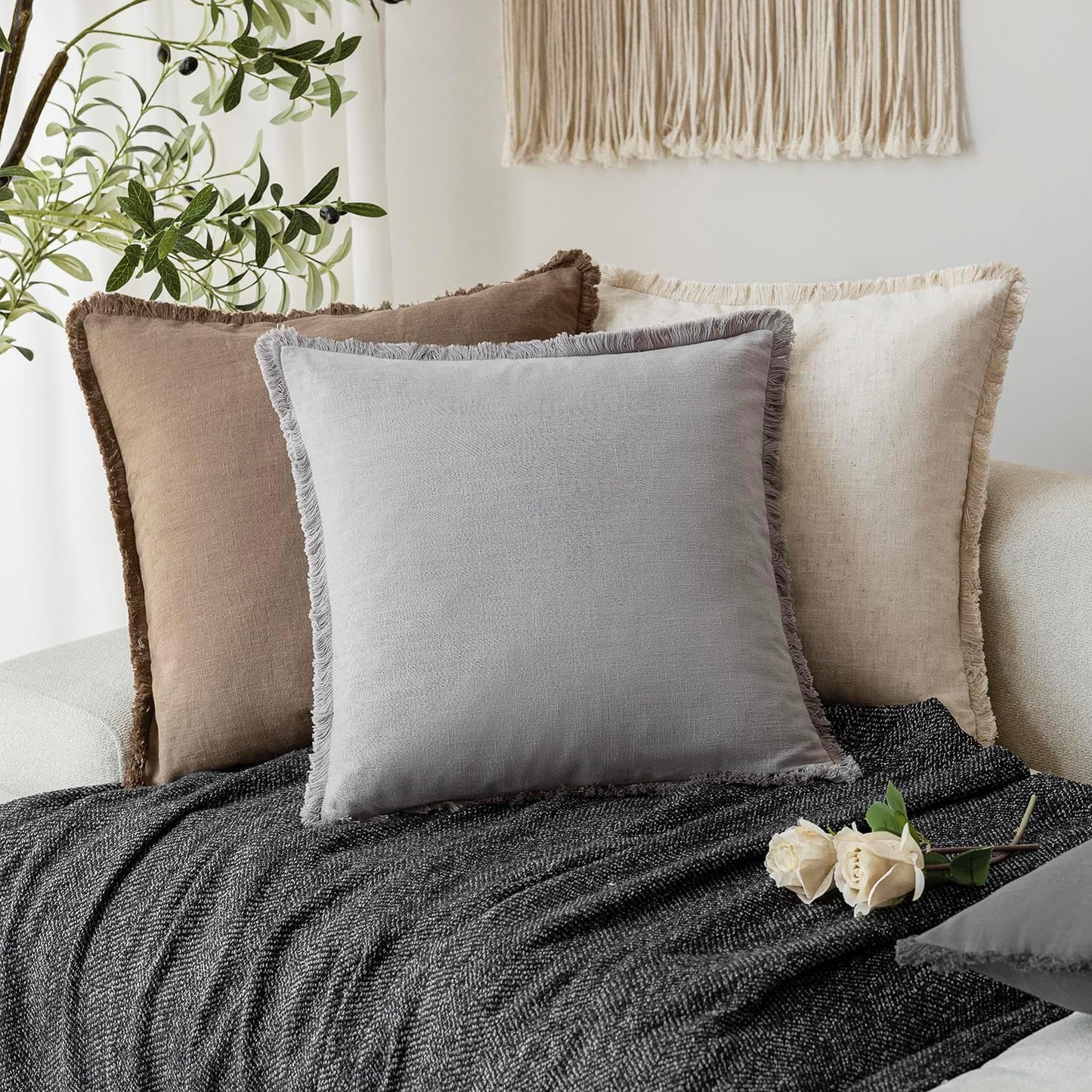 Foindtower Decorative Linen Fringe Throw Pillow Covers Boho Farmhouse Cushion Cover with Tassels Soft Accent Pillowcase for Chair Sofa Bed Living Room Home Decor, 26×26 Inch, 1PC,Light Rustic Gray