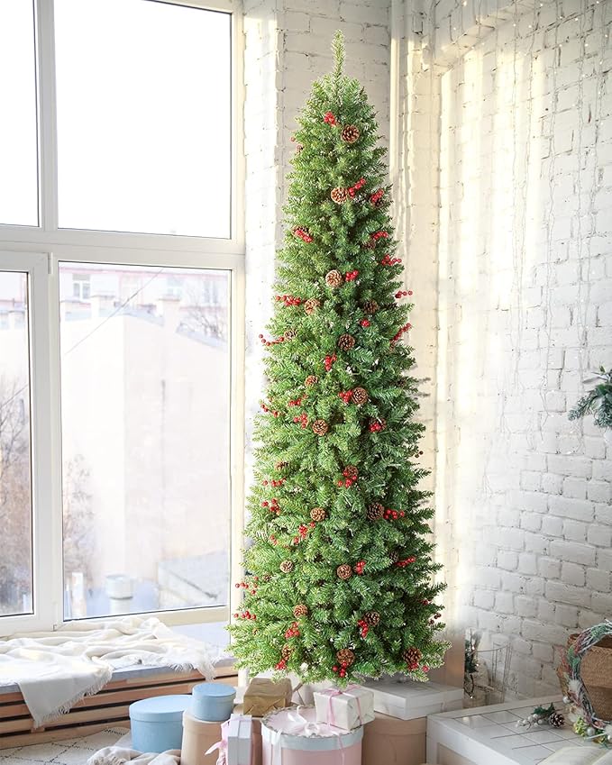 6.5FT Prelit Slim Christmas Tree Pine Tree Decorated with 250 Clear Lights, Pine Cone and Red Berries for Festive Holiday Decor