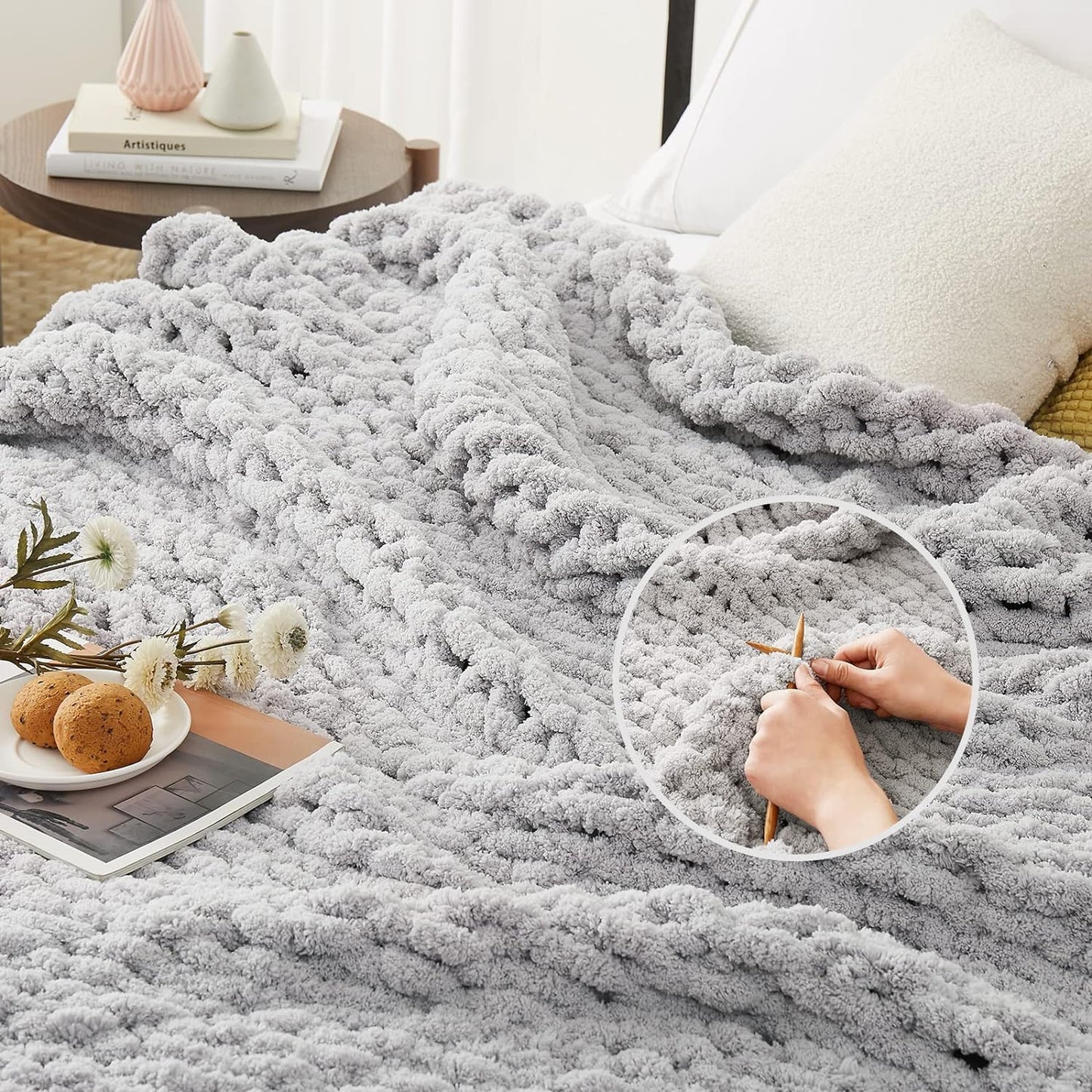 L'AGRATY Chunky Knit Blanket Throw,Soft Chenille Yarn Throw Blanket 60x80，Handmade Thick Cable Knit Crochet Blanket,Large Knit Blanket Chunky Yarn,Rope Knot Throw Blanket for Couch Home Decor