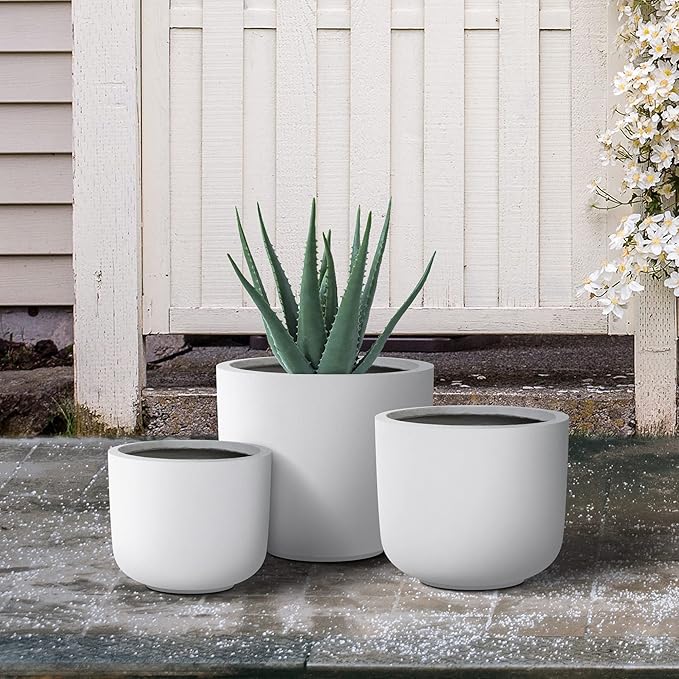 Kante 13",11",9" Dia Pure White Concrete Round Planters (Set of 3), Outdoor Indoor Modern Planter Pots, Lightweight, Weather Resistant, Seamless with Drainage Hole