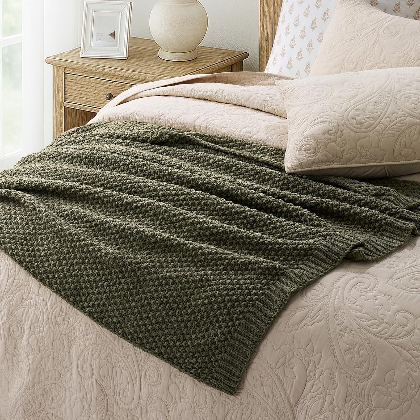 EVERGRACEHOME Chunky Chenille Knit Throw Blanket for Couch, Soft Luxurious Moss Stitch Blankets for Bed, Cozy Decorative Farmhouse Knitted Throws for Sofa, Olive Green, 60" x 80"