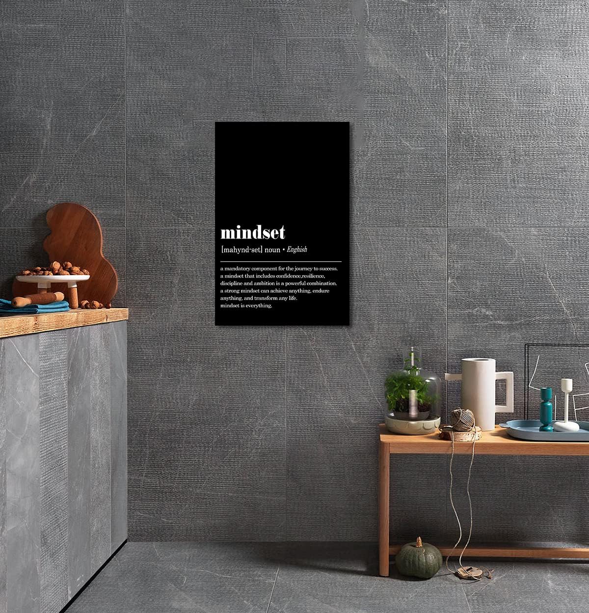 Inspirational Framed Office Home Wall Art with Mindset Verb Artwork Black and White Motivational Gifts for Men Mindset Is Everything Quotes Wall Decor Ready to Hang-12 inch x 18 inch