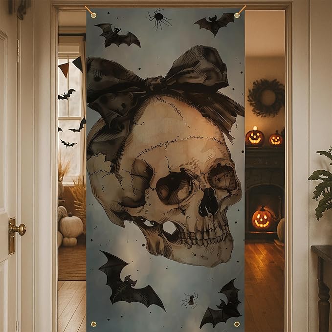 Vintage Halloween Skull Door Cover, Coquette Bow Skeleton Bats Decoration Doorway Door Curtains Banners Backdrop Background Decor for Halloween Party, Indoor Outdoor Decorations, 35 * 79 Inch