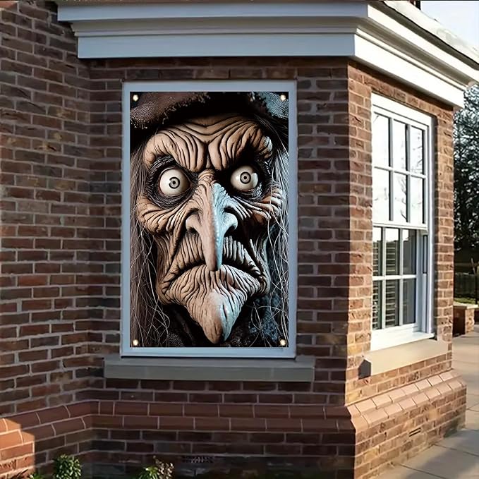 Scary Witch Window Cover Halloween Decoration Window Poster Realistic Creepy Face Haunted House Outdoor Indoor Horror decor for Door Party Supplies Spooky Scene Prop 47x31 Inch