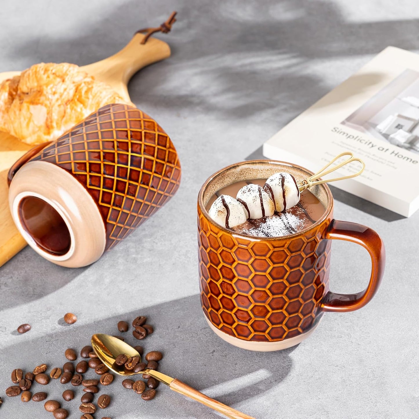 GBHOME Large Coffee Mugs Set of 4, 16oz Handmade Stoneware Coffee Mugs Set with Large Handle for Cappuccino/Latte/Tea/Hot Cocoa, Dishwasher & Microwave Safe, Caramel