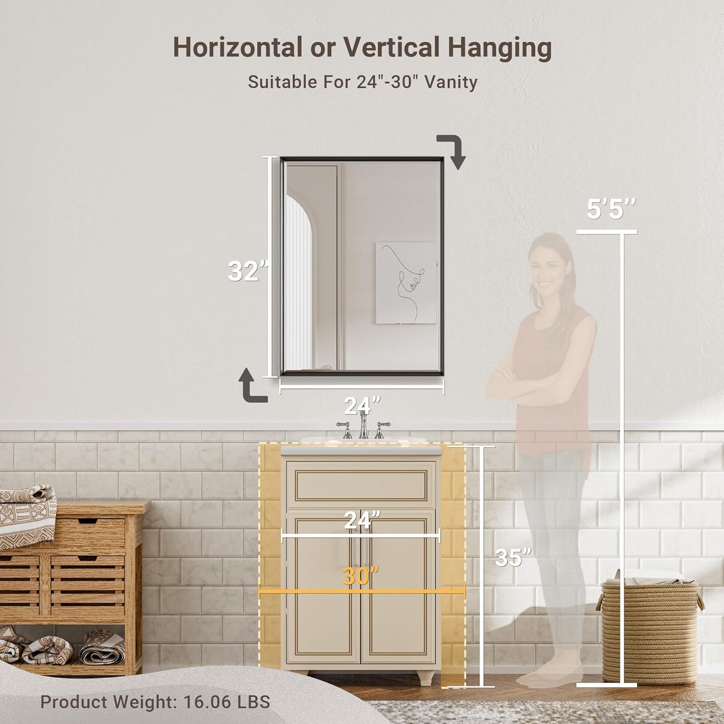 Black Framed Mirror for Bathroom, 24x32 Inch Black Rectangle Beveled Bathroom Vanity Mirror, Anti-Rust Matte Black Metal Frame Mirror for Wall, Vertical/Horizontal Wall-Mounted Mirrors