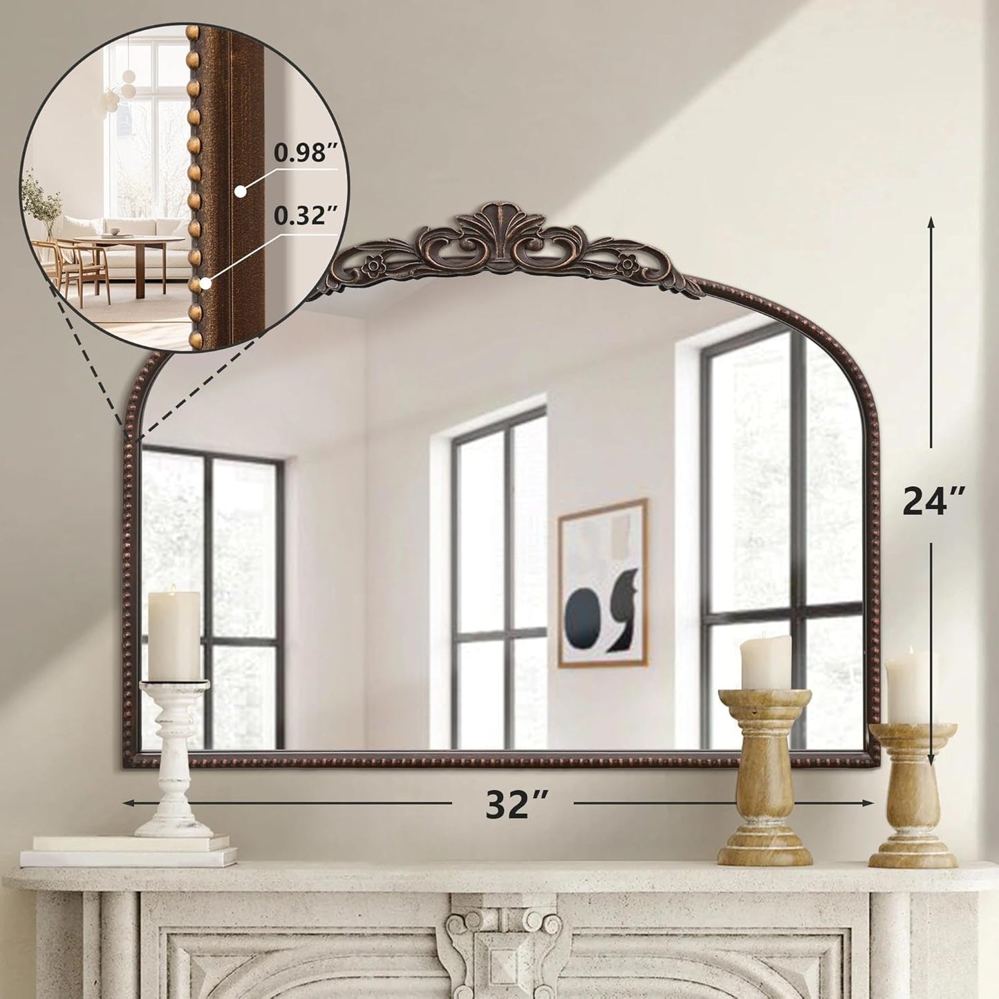 Micasso Bronze Vintage Wall Mirror: 24"x 32" French Baroque Antique Arched Wall Mounted Mirror - Traditional Ornate Decorative Entryway Mirror for Home Decor/Entryway/Fireplace/Living Room/Hallway