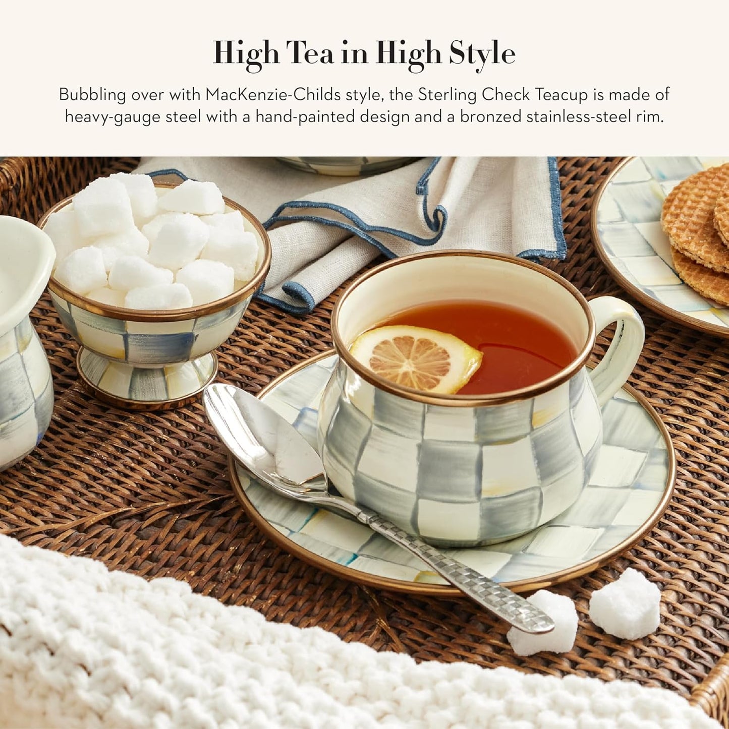 MACKENZIE-CHILDS Enamel Teacup, Unique Coffee and Tea Mug, Enamel Cup for Hot Tea, 10 Ounces, Gray-and-White Sterling Check