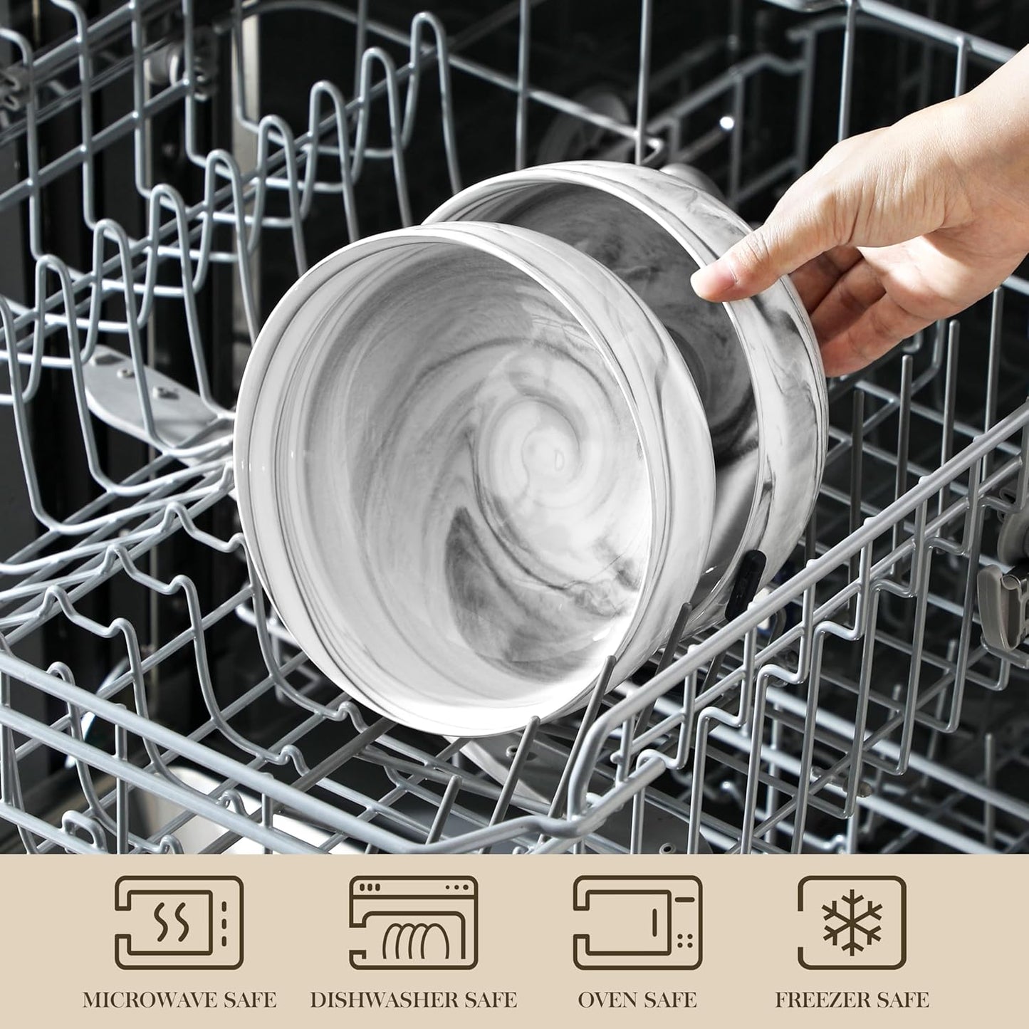 MALACASA Large Marble Grey Ceramic Soup & Salad Bowls Set of 2, 44 OZ (7"), Dishwasher & Microwave Safe, Series REGULAR