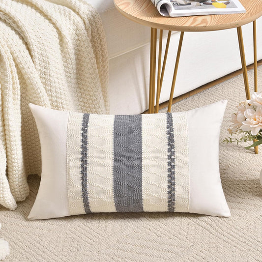 Fancy Homi Set of 1 Neutral Grey Farmhouse Lumbar Decorative Throw Pillow Covers 12x20 Inch for Couch Bed Chair, Vintage Country Rustic Retro Room Decor, Soft Thick Cotton Rectangle Cushion Case