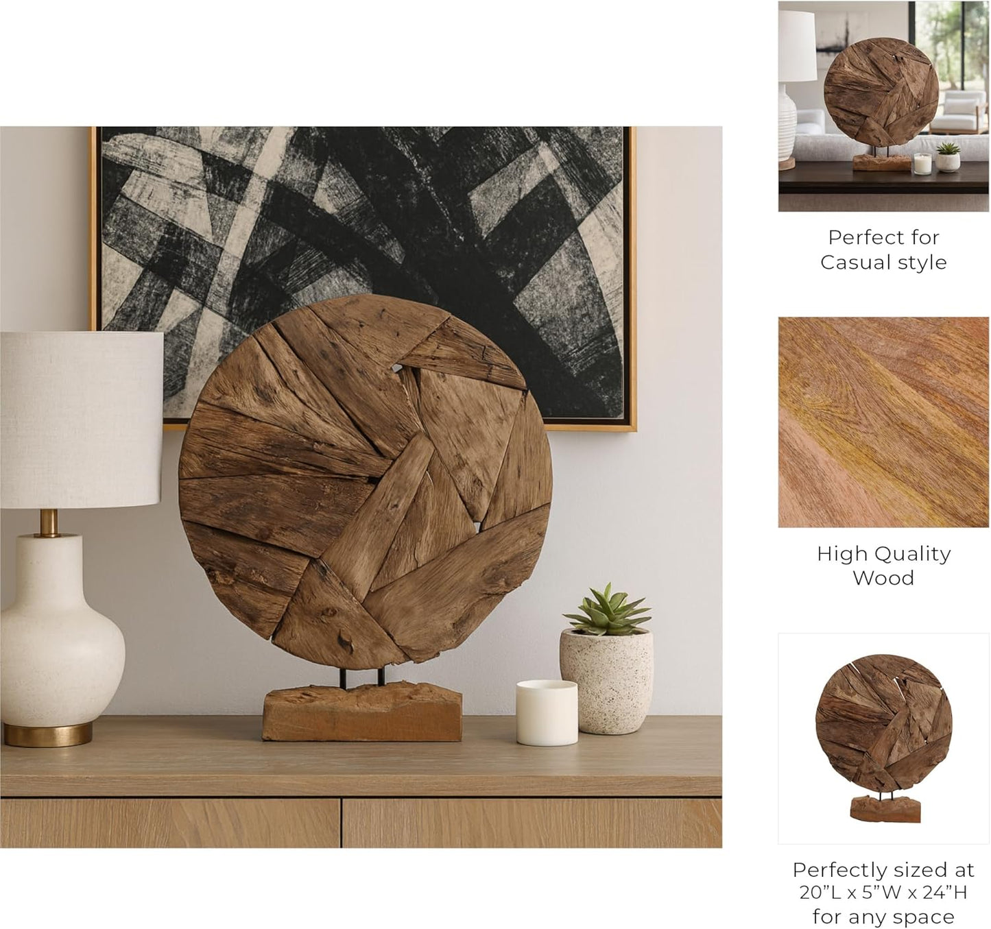 Decorative Home and Office Sculpture – Artistic Round Wooden Accent Perfect for Living Room, Bathroom, and Coffee Table Decor – Unique Rustic Home Statue and Ornament for Shelf Display – 24" Brown