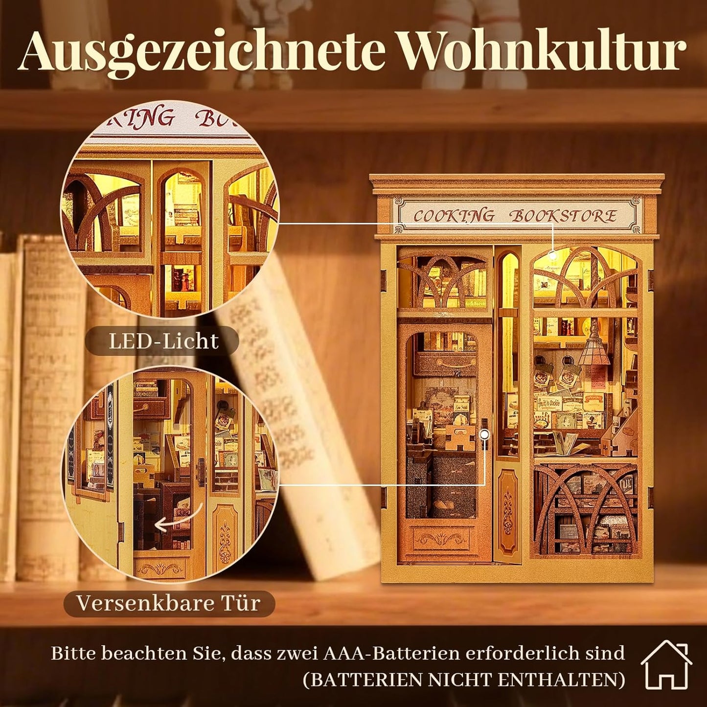 Cutefun Book Nook Kit - DIY Miniature Dollhouse Kit 3D Creative Decorative Bookend 3D Wooden Puzzle for Adults, Bookshelf Insert Library Decor with LED Light (Cooking Bookstore)