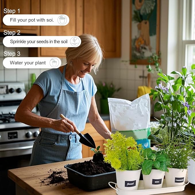 4" Herb Garden Planter Kit, Indoor Herb Planters with Tray, Set of 3 Metal Windowsill Pots for Flower Plants with Drainage Hole, Customizable Labels & Marker Pen, Beige