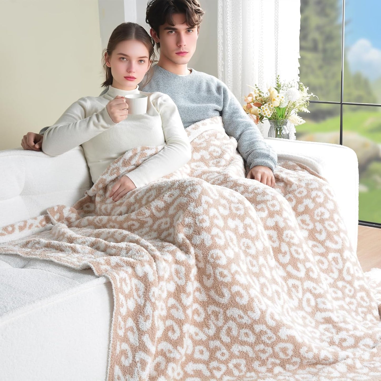 Leopard Knit Throw Soft Cozy Lightweight Blanket for Bed Sofa Couch Breathable Warm Cheetah Blanket Leopard Beige 60x80 Inches