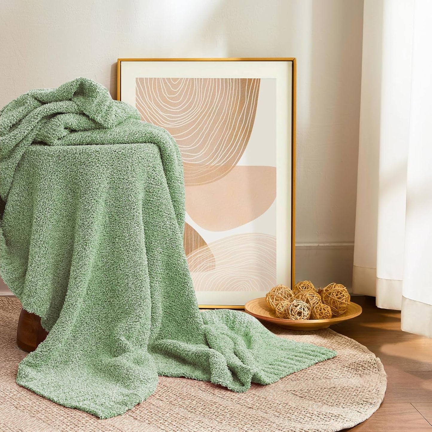 Green Knit Throw Blanket for Couch, Super Soft Plush Feather Yarn, Warm Cozy Lightweight Decorative Knitted Blanket for Sofa, Bed, Picnic & Travel, 50x60 Inches