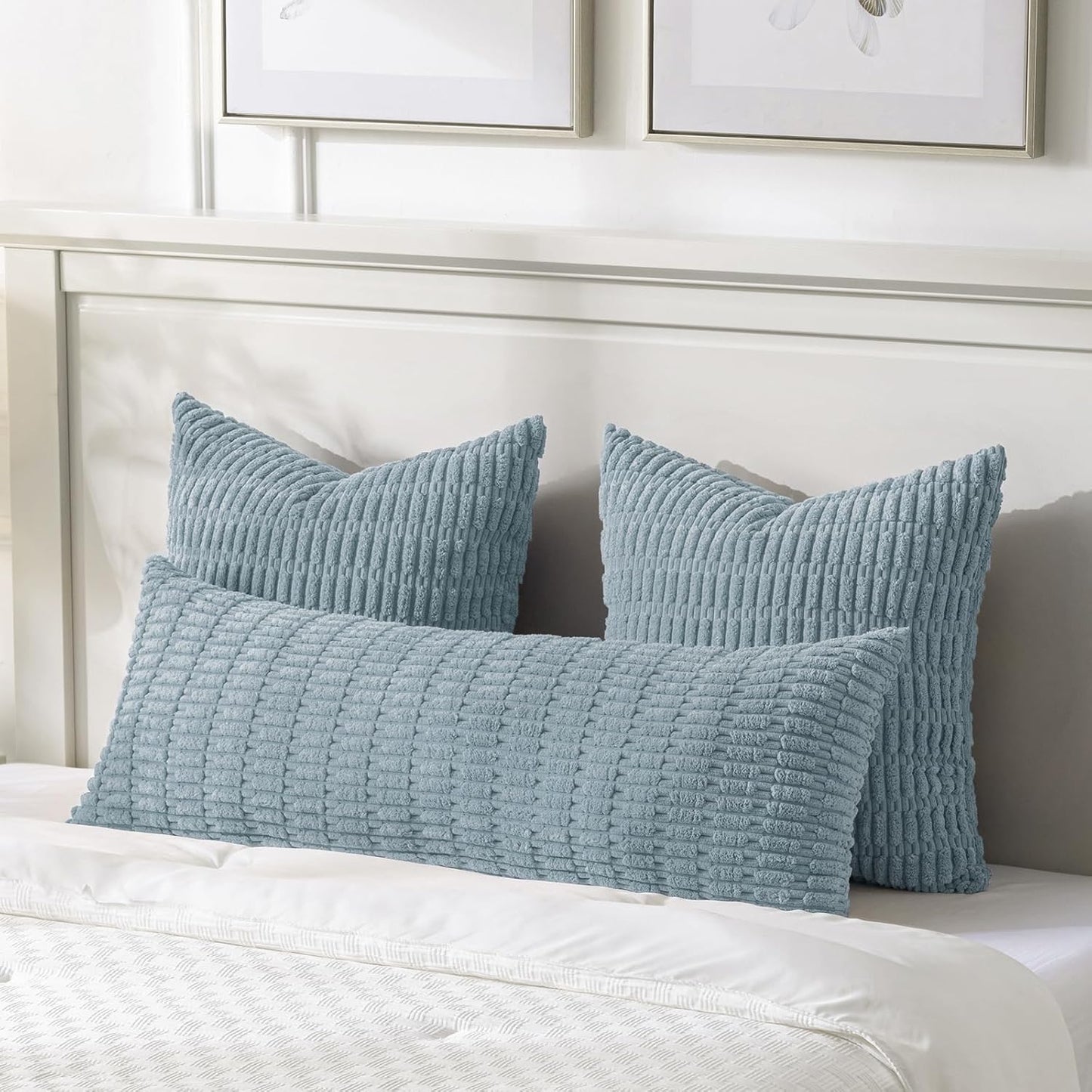 Fancy Homi 1 Pack Light Blue Long Lumbar Body Decorative Throw Pillow Covers 14x36 Inch for Bed Couch Bedroom Bench, Soft Corduroy Rectangle Solid Pillow Case 35x91 cm, Rustic Farmhouse Boho Decor