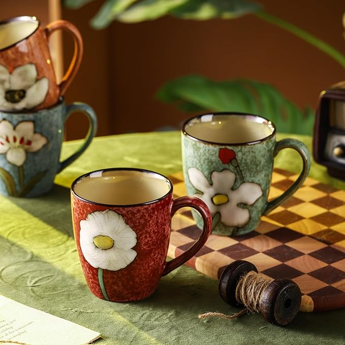 12oz/350ml Ceramic Coffee Mug with Handle,Hand Painted Vintage Floral Cappuccino Cup, Suitable for Tea Cups,Colorful Stoneware Coffee Mugs and Drinking Cup,Ideal Gifts for Women and Men-Green