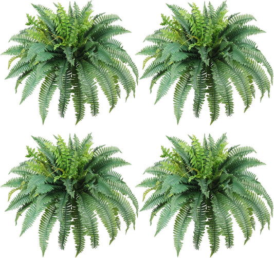 Fake Ferns Artificial Ferns for Outdoors Large Faux Ferns UV Resistance for outdoor Large Planter 25.6In Realistic Artificial Boston Fern Plants for Garden Balcony Terrace Decor，4Pack，60Leaves