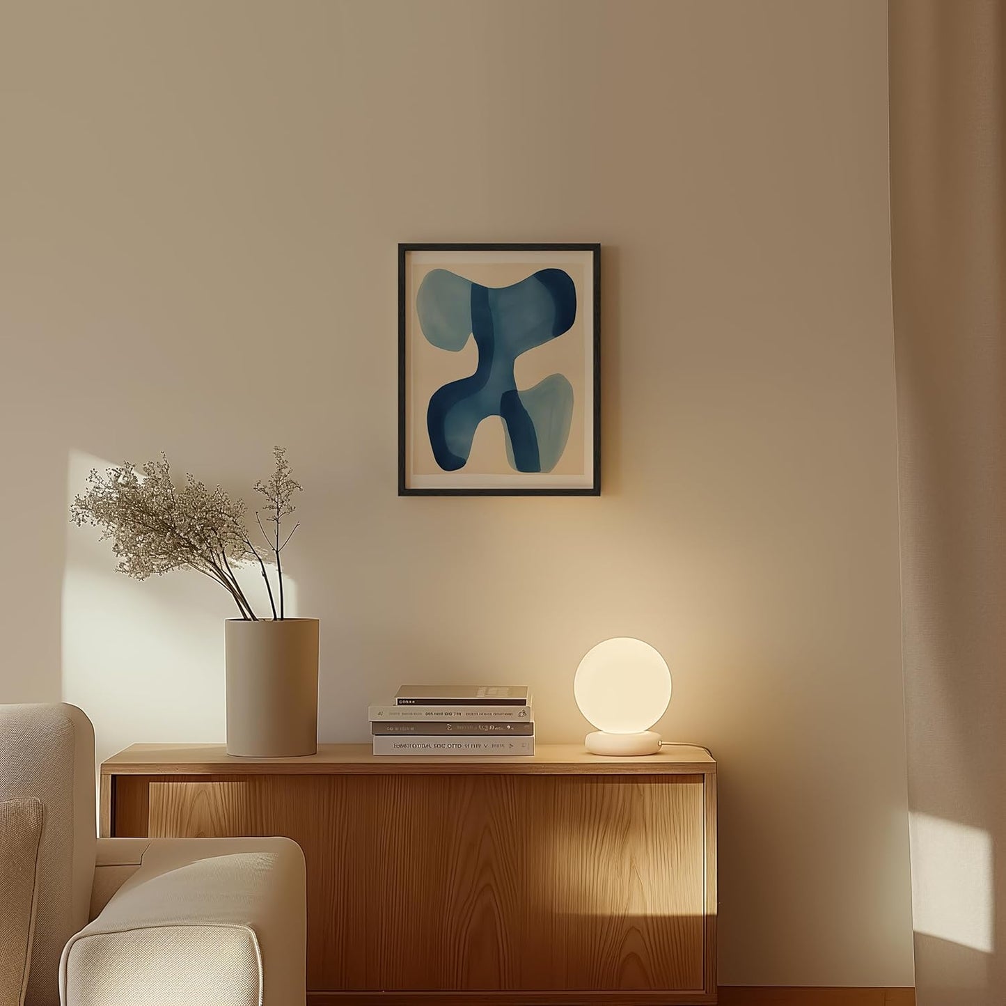 HAUS AND HUES Modern Abstract Wall Art - Blue and Green Living Room Art, Modern Artwork for Walls, Minimalist Picture for Living Room(Blue Shapes, Black Frame, 11x14)