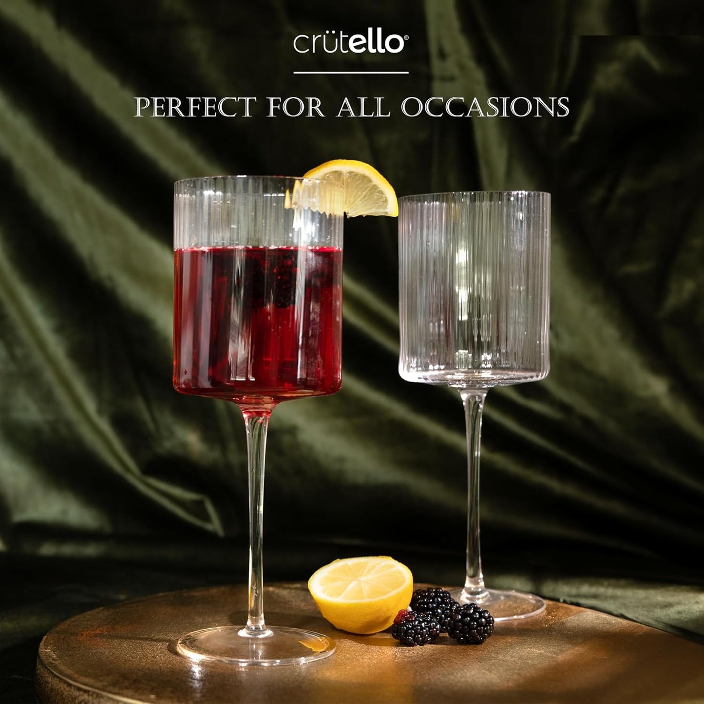 Crutello Square Wine Glasses Set of 4-17.5 oz Unique Fluted Vintage Glasses with Ribbed Texture and Long Stem - Large Modern Red or Fancy White Wine Glass Set, All Purpose