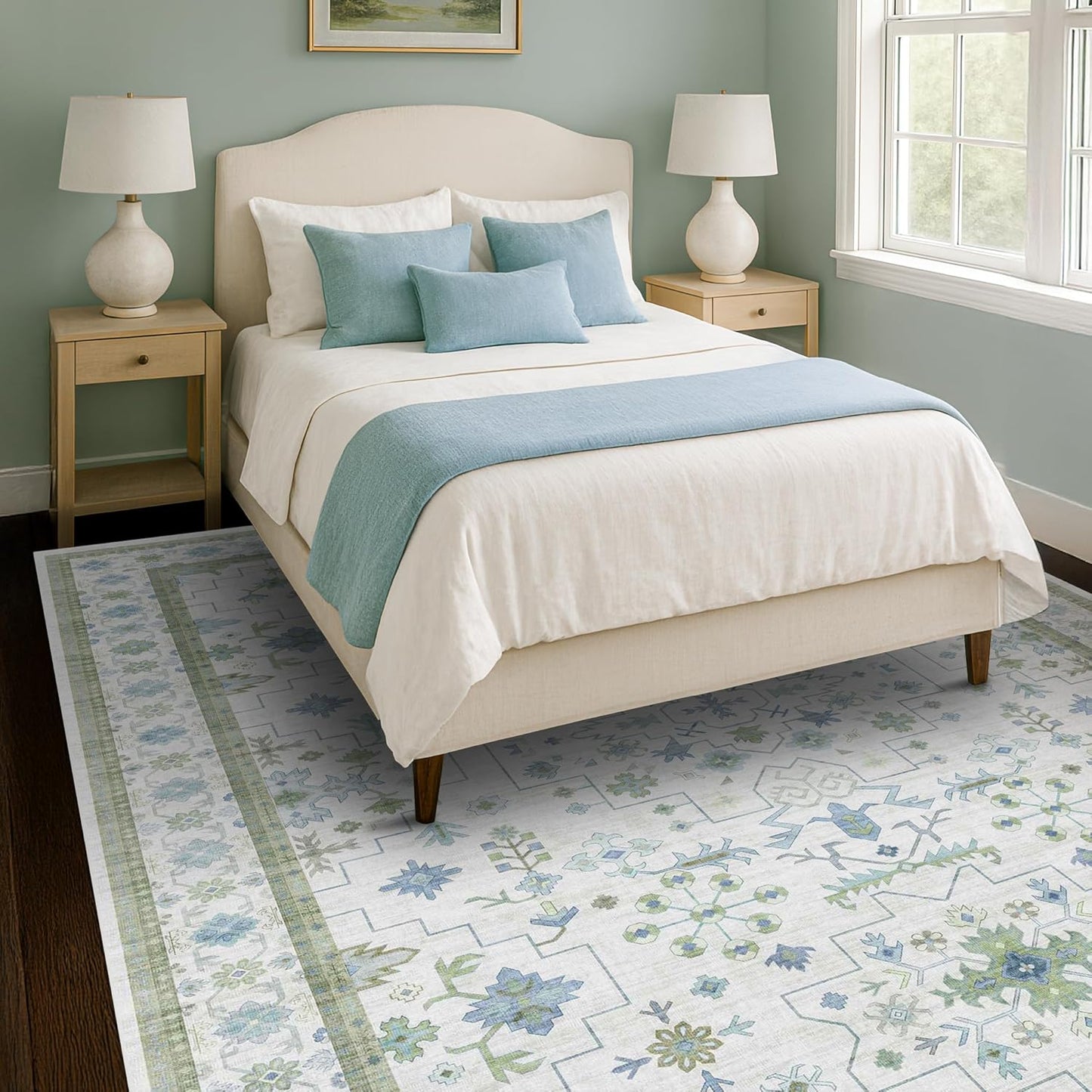 Cream Oushak 7x9 Bedroom Rug - Boho Floral Cool Blue and Green, Washable Low Pile Non-Slip Ultra-Thin Large Area Rugs for Playroom, Bed Room, Living Room