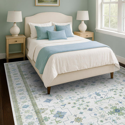 Cream Oushak 7x9 Bedroom Rug - Boho Floral Cool Blue and Green, Washable Low Pile Non-Slip Ultra-Thin Large Area Rugs for Playroom, Bed Room, Living Room