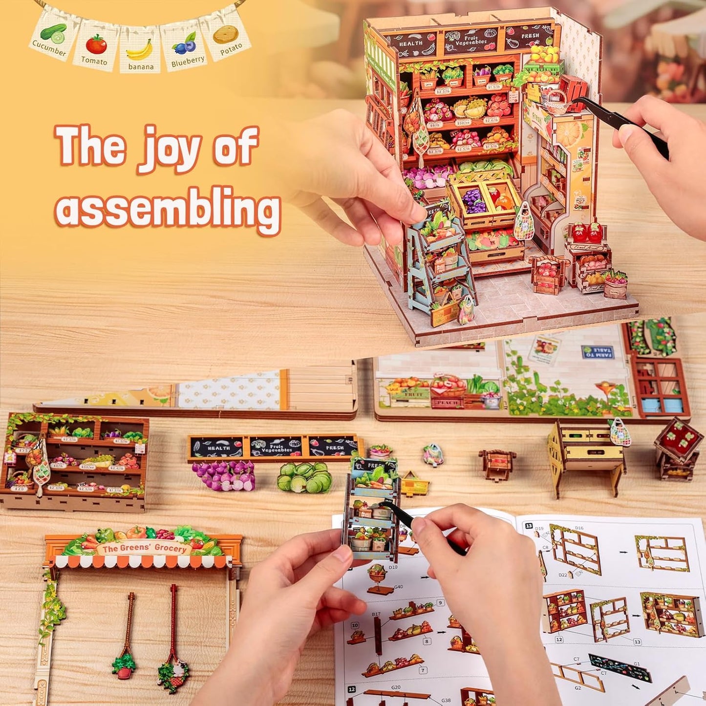 Fsolis Book Nook Kit - DIY Miniature House Kit for Adults Mini Scene House Tiny 3D Puzzles Bookshelf Diorama Decor Gifts for Women Teenagers Book Lovers (The Greens’ Grocery)