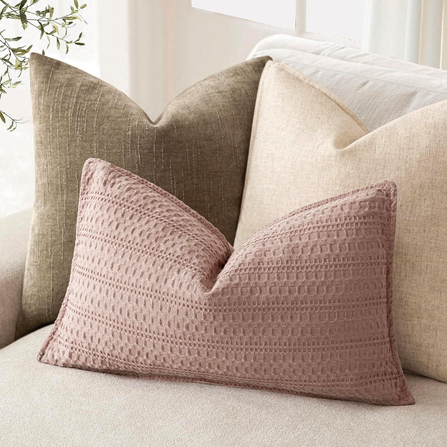Foindtower Set of 2 Decorative Cotton Waffle Weave Lumbar Throw Pillow Covers Euro Shams Cushion Covers Accent European Pillowcase for Bed Couch Bedroom Living Room Home Decor 12×20 Inch Dusty Pink