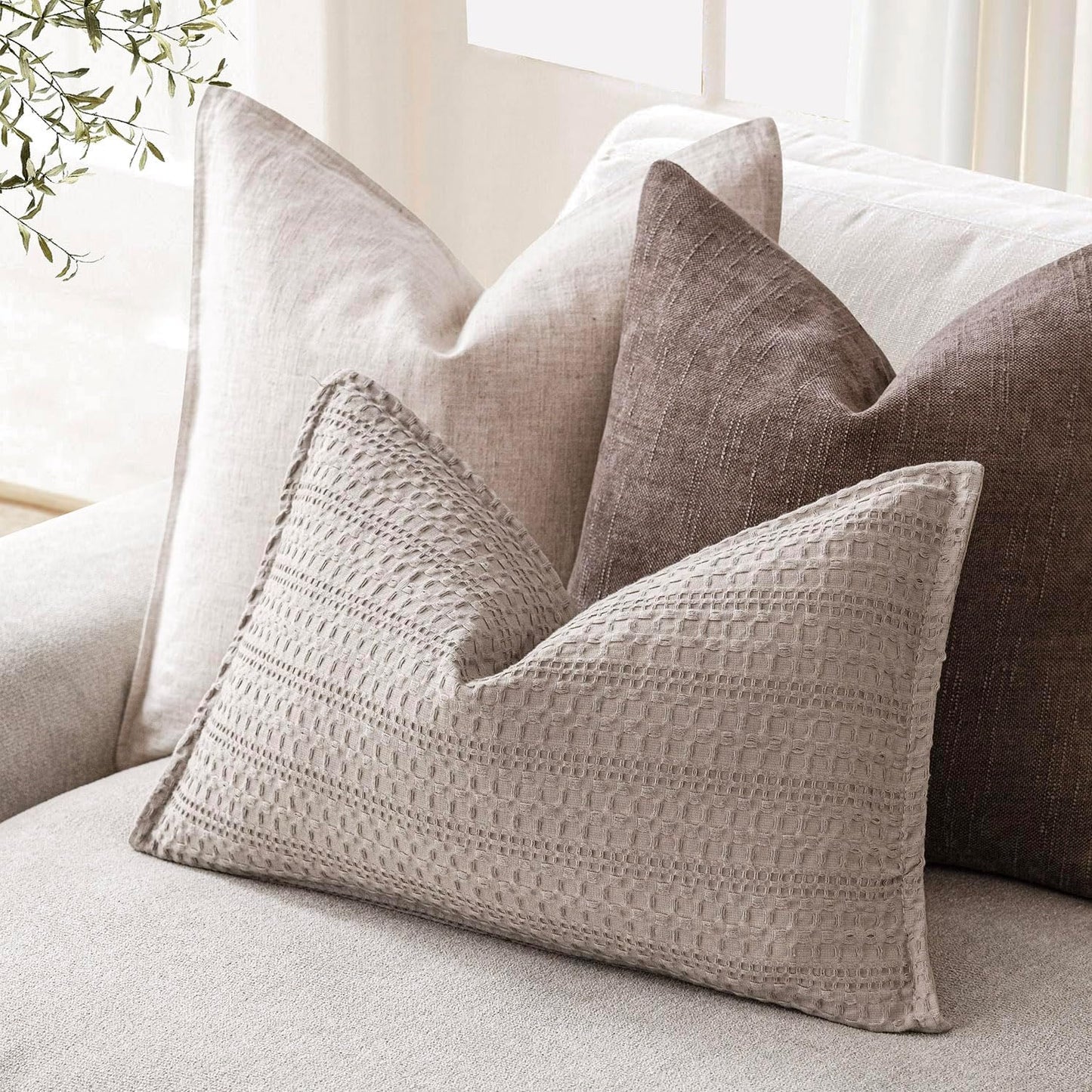 Foindtower Set of 2 Decorative Cotton Waffle Weave Lumbar Throw Pillow Covers Euro Sham Cushion Covers Accent European Pillowcase For Bed Couch Sofa Bedroom Living Room Home Decor 12×20 Inch Tan Beige