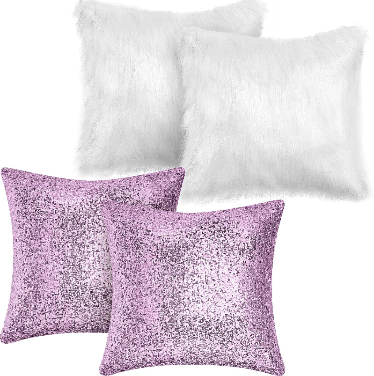 Irenare 4 Pcs Sequin and Fluffy Pillow Covers Winter Throw Pillow Cases Soft Cushion Cover for Couch Bed Sofa Xmas Day(18 x 18 Inch,Purple, White,)