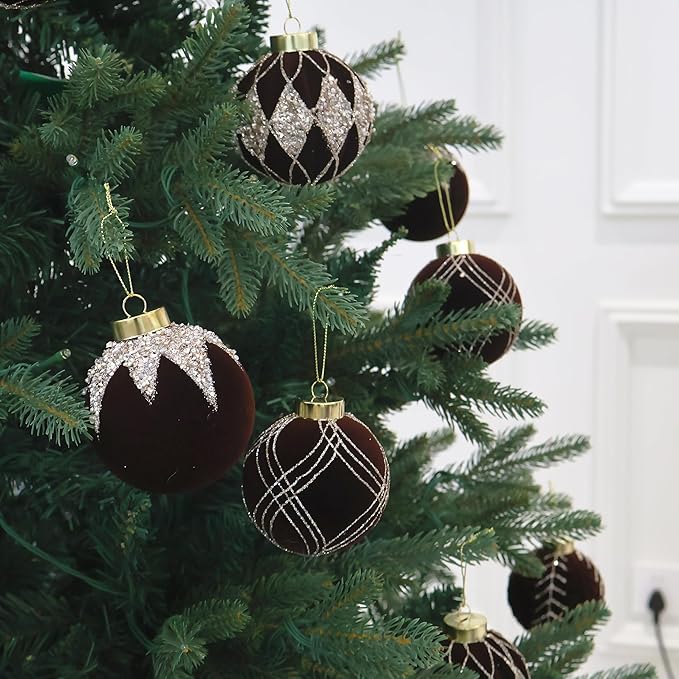 3.15INCH Brown Velvet Ornaments for Christmas Tree, 12PCS Glitter Flocked Christmas Ornaments Decorations Balls Set Decor