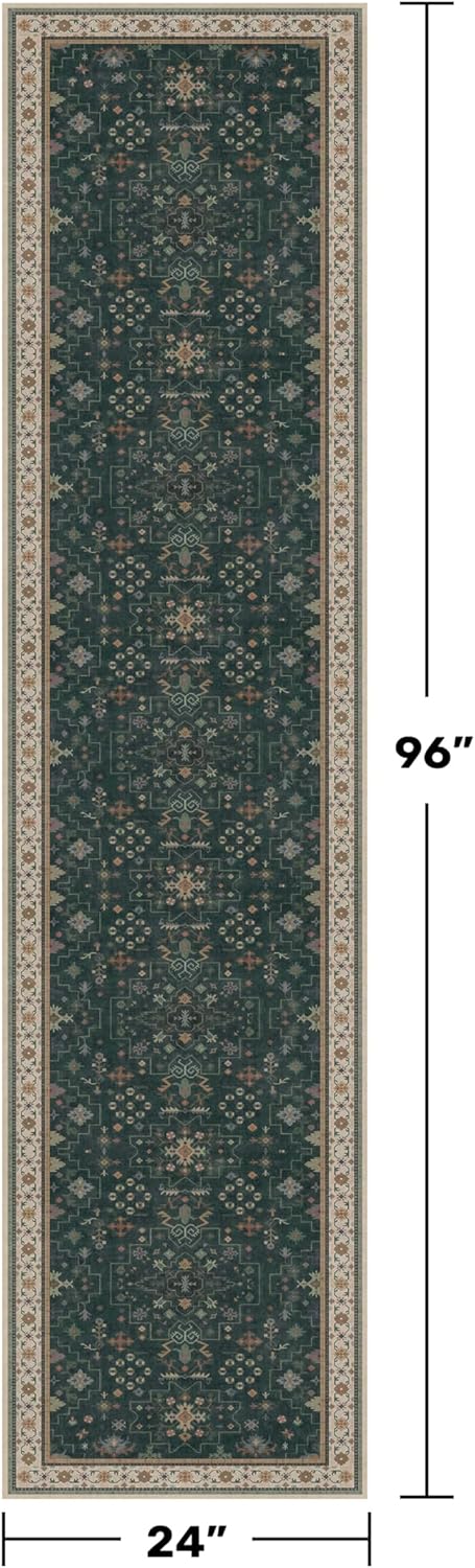 Dark Green 2x8 Non Slip Kitchen Runner Rugs - Modern Vintage Boho Eclectic Floral Pattern, Washable Low Pile Non-Slip 8ft Long Runner Rugs for Hallway, Entrance