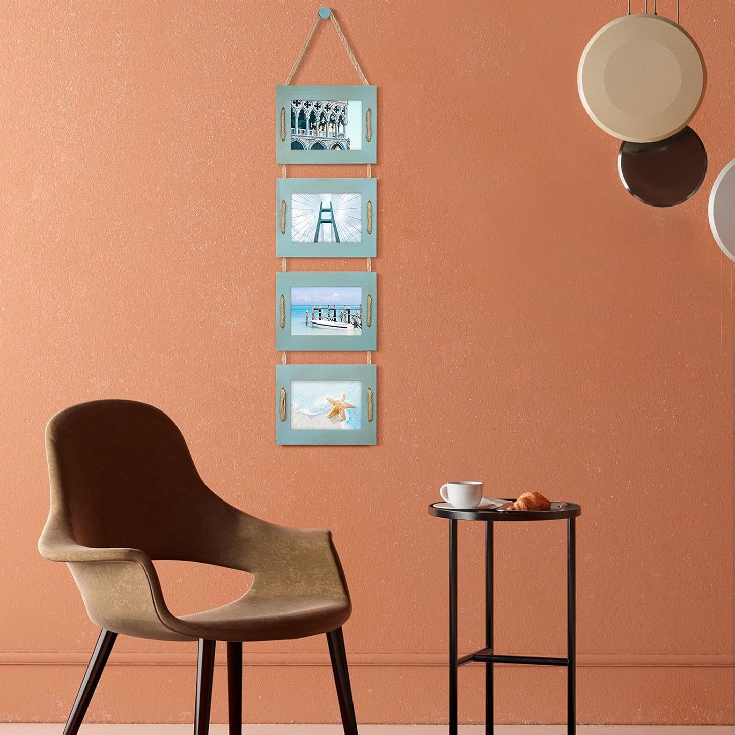 DLQuarts 5x7 Hanging Picture Frames Collage Wall Decor, 4-Opening 5x7 Matted to 3.5x5 Photo Rustic Wood Frame with Hemp Rope, 1 Pack, Ocean Blue