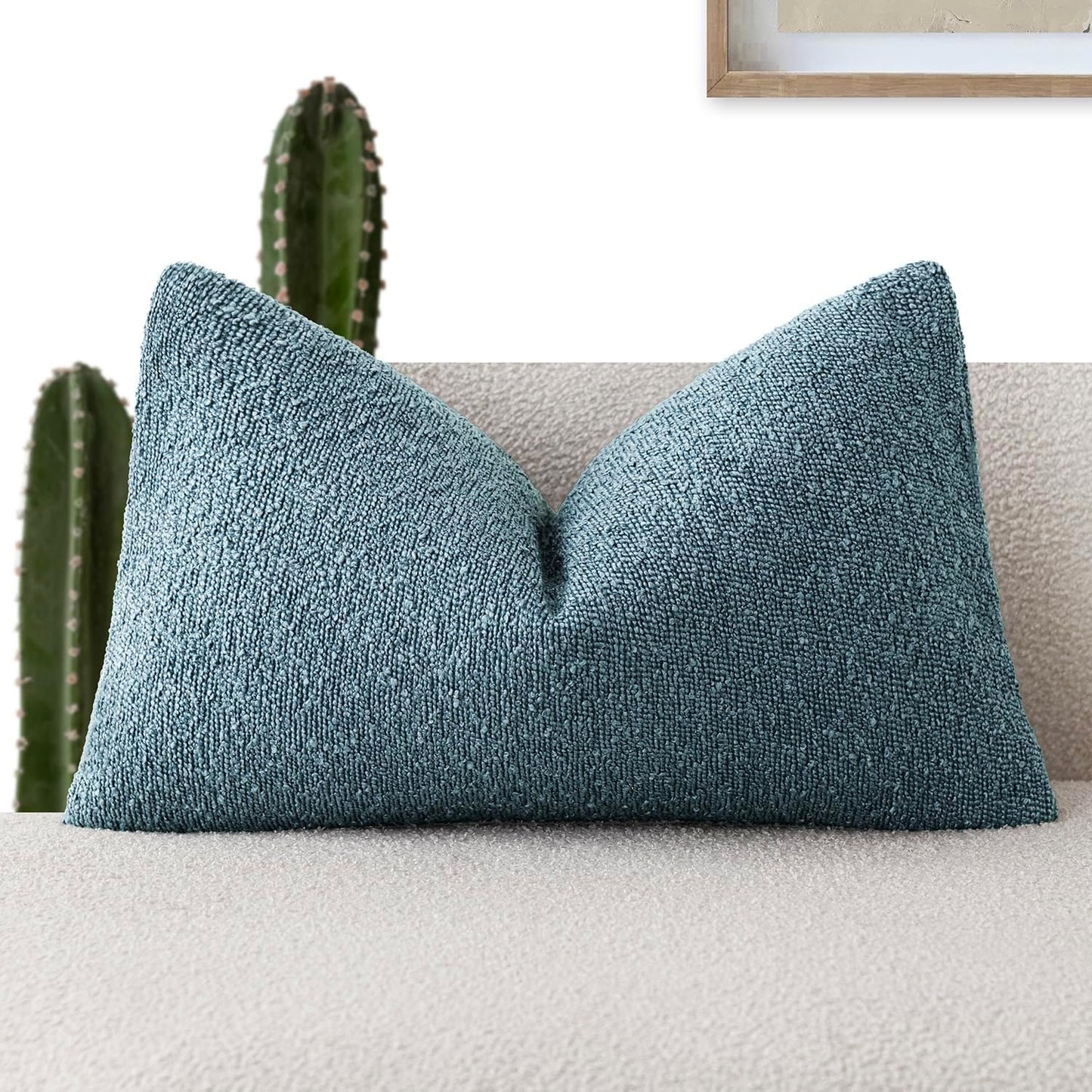 Foindtower Decorative Textured Boucle Throw Pillow Covers Accent Solid Lumbar Pillow Cases Neutral Soft Couch Cushion Case for Chair Sofa Bedroom Living Room Home Decor 12x20 Inch,1PC,Misty Blue