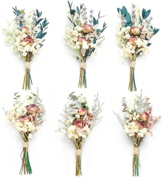 Mini Dried Flower Bouquet Set of 6, Pampas Grass Boho Wedding Table Centerpieces,Boutonniere for Men,Dry Flowers,Personalized Bridesmaid Gift Box,Small Bottles Decoration.(Rose)