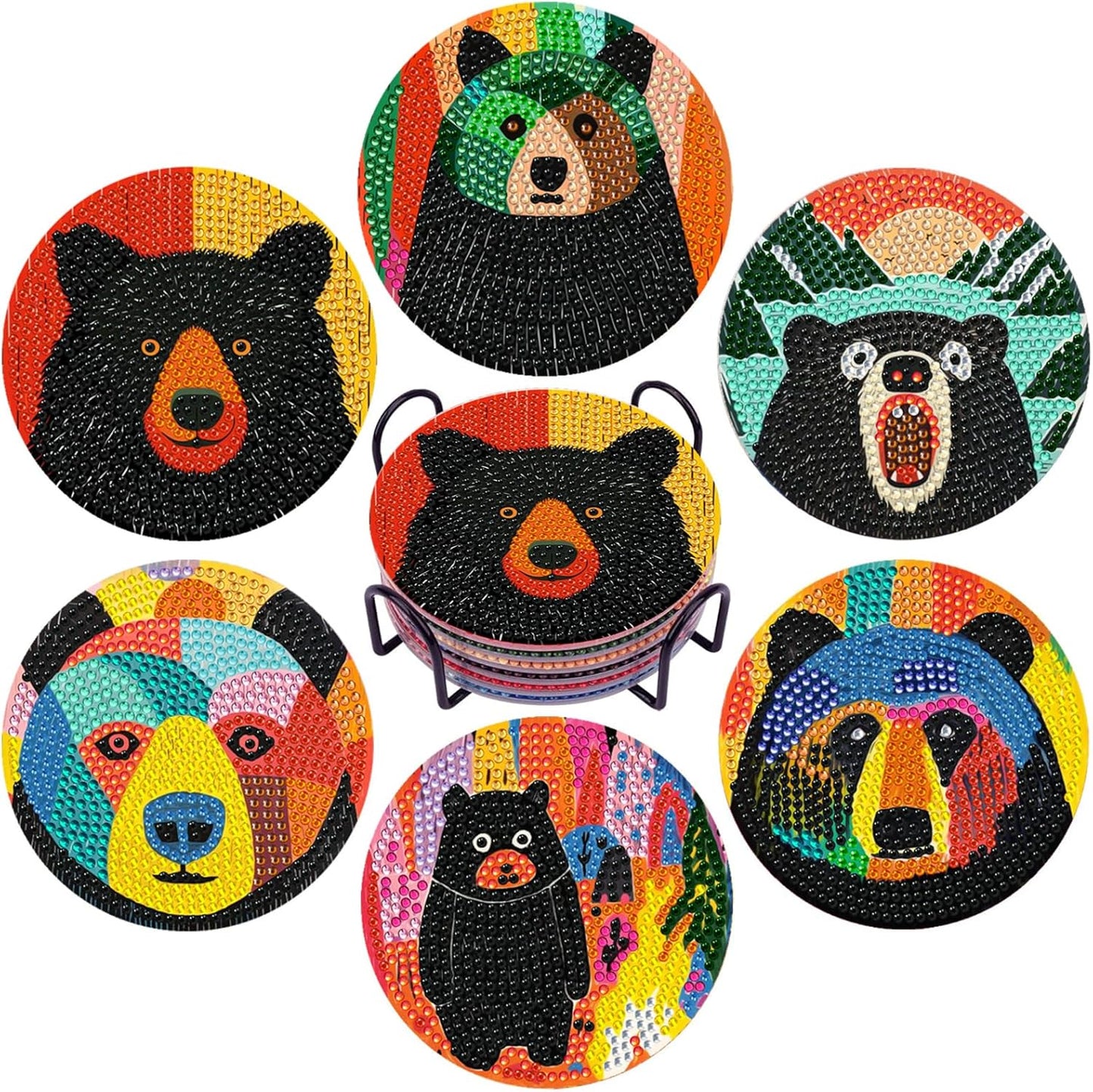 EWJRNSF 6 PCS Small Diamond Art Coasters Kits, Diamond Painting, Fall Diamond Art Kits for Adults Beginners, Arts and Crafts Item Sets with Holder for Drinks Bruin