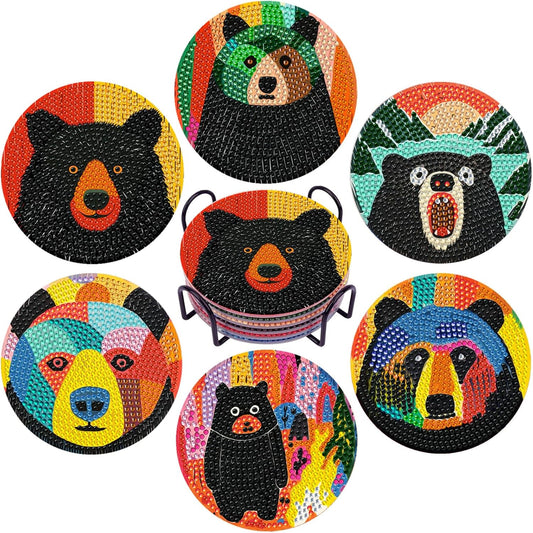 EWJRNSF 6 PCS Small Diamond Art Coasters Kits, Diamond Painting, Fall Diamond Art Kits for Adults Beginners, Arts and Crafts Item Sets with Holder for Drinks Bruin