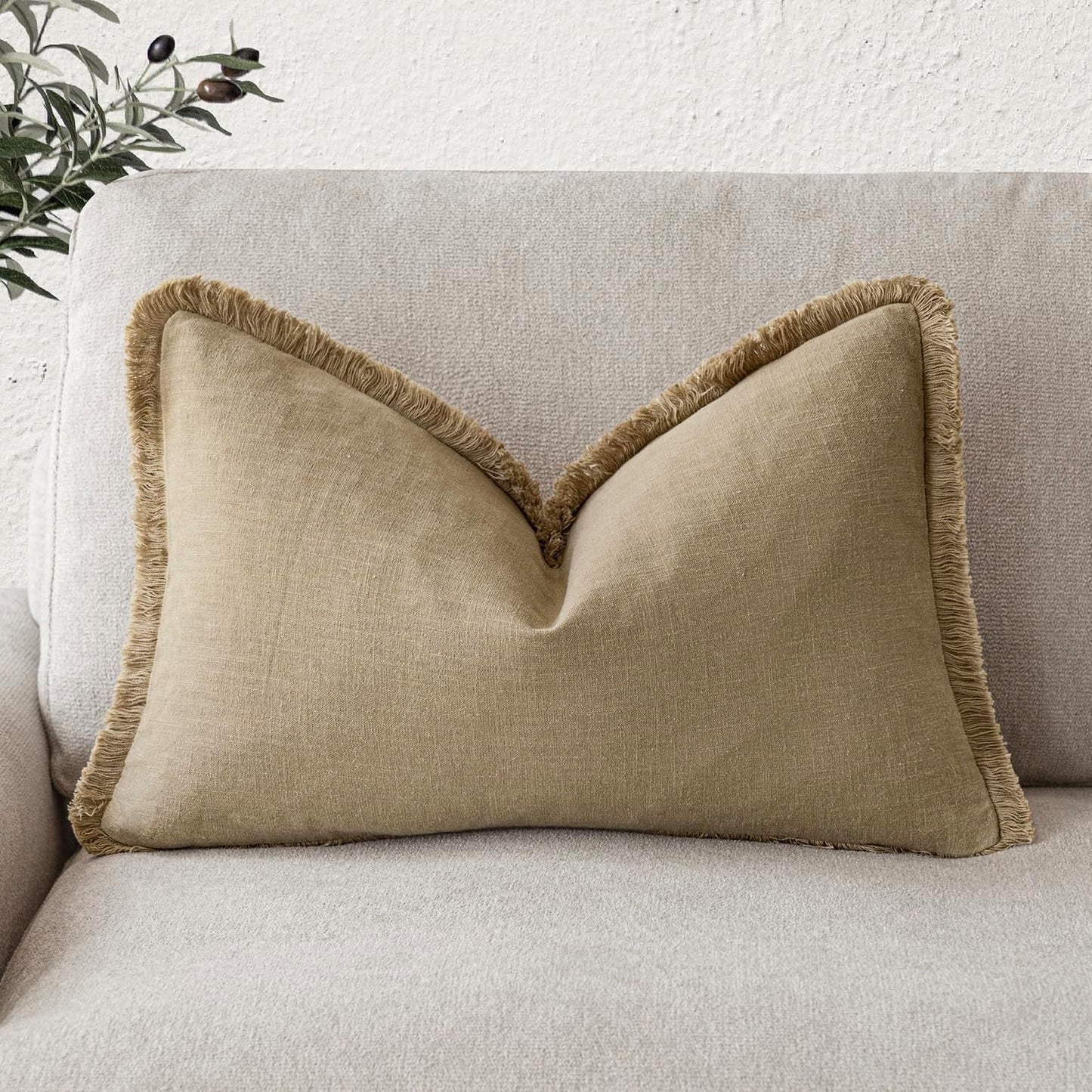 Foindtower Decorative Linen Fringe Lumbar Throw Pillow Covers Boho Farmhouse Cushion Cover with Tassel Soft Accent Pillowcase for Sofa Bed Living Room Home Decor, 12×20 Inch, 1PC,Light Khaki Taupe
