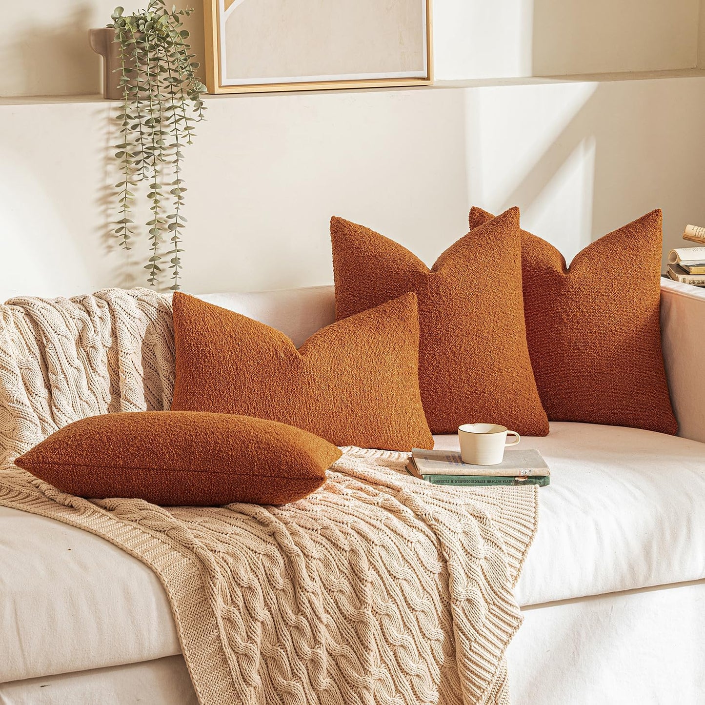 MIULEE 12x20 Inch Decorative Lumbar Throw Pillows for Bed Set of 2 Textured Boucle Neutral Winter Throw Pillow Covers Orange Accent Solid Pillowcases Sofa Livingroom Home Decor