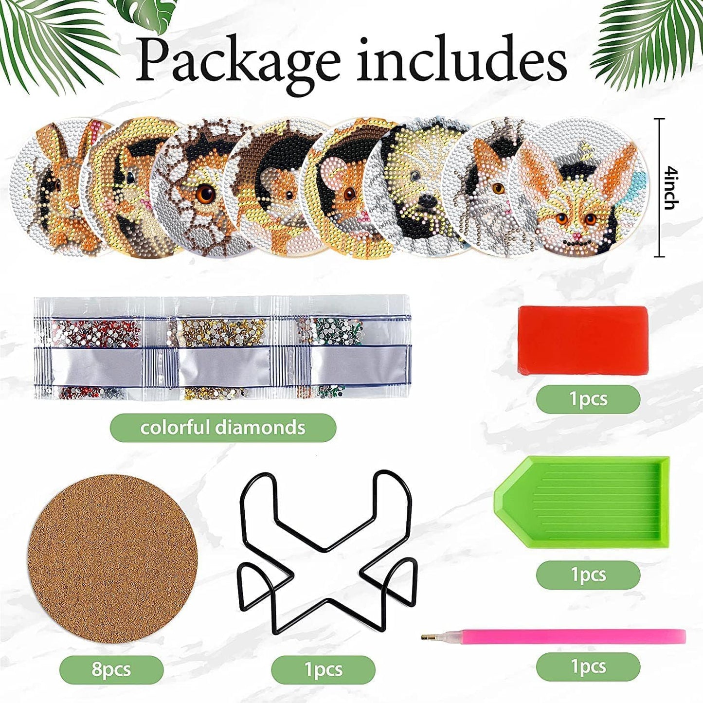 DOTSOPS 8 Pcs Animal Diamond Art Coasters with Holder Diamond Painting Coasters Kits for Adults Beginners Diamond Craft for Christmas Birthday