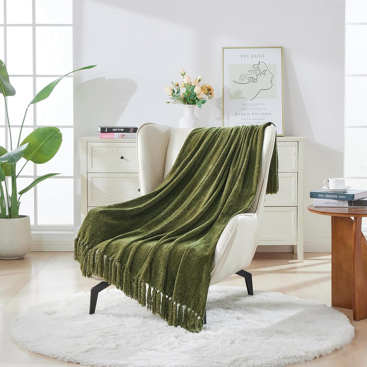 CozeCube Chenille Throw Blanket for Couch, Cozy Plush Fuzzy Decorative Olive Green Blanket with Fringe Tassels, Lightweight Throws for Bed Sofa Gift Home Decor, 60"X80"