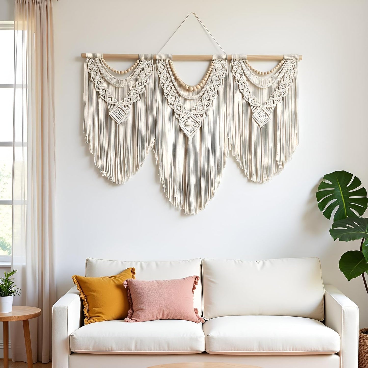 guzhiou large macrame wall hanging - Boho Tapestry Macrame Wall Decor Art- Chic Bohemian Handmade Woven Tapestry Home Decoration for Bedroom Living Room Apartment Wedding Party - 43"x32" (Wood bead)