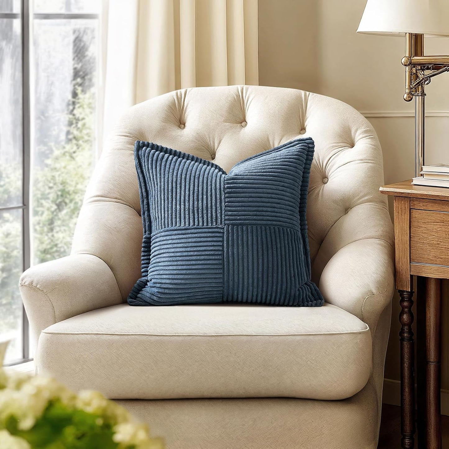 MIULEE Blue Corduroy Decorative Euro Sham Pillow Covers 24x24 Inch with Splicing Set of 2 Soft Boho Pillow Covers Broadside Textured Summer Coastal Pillowcases for Couch Bed Livingroom