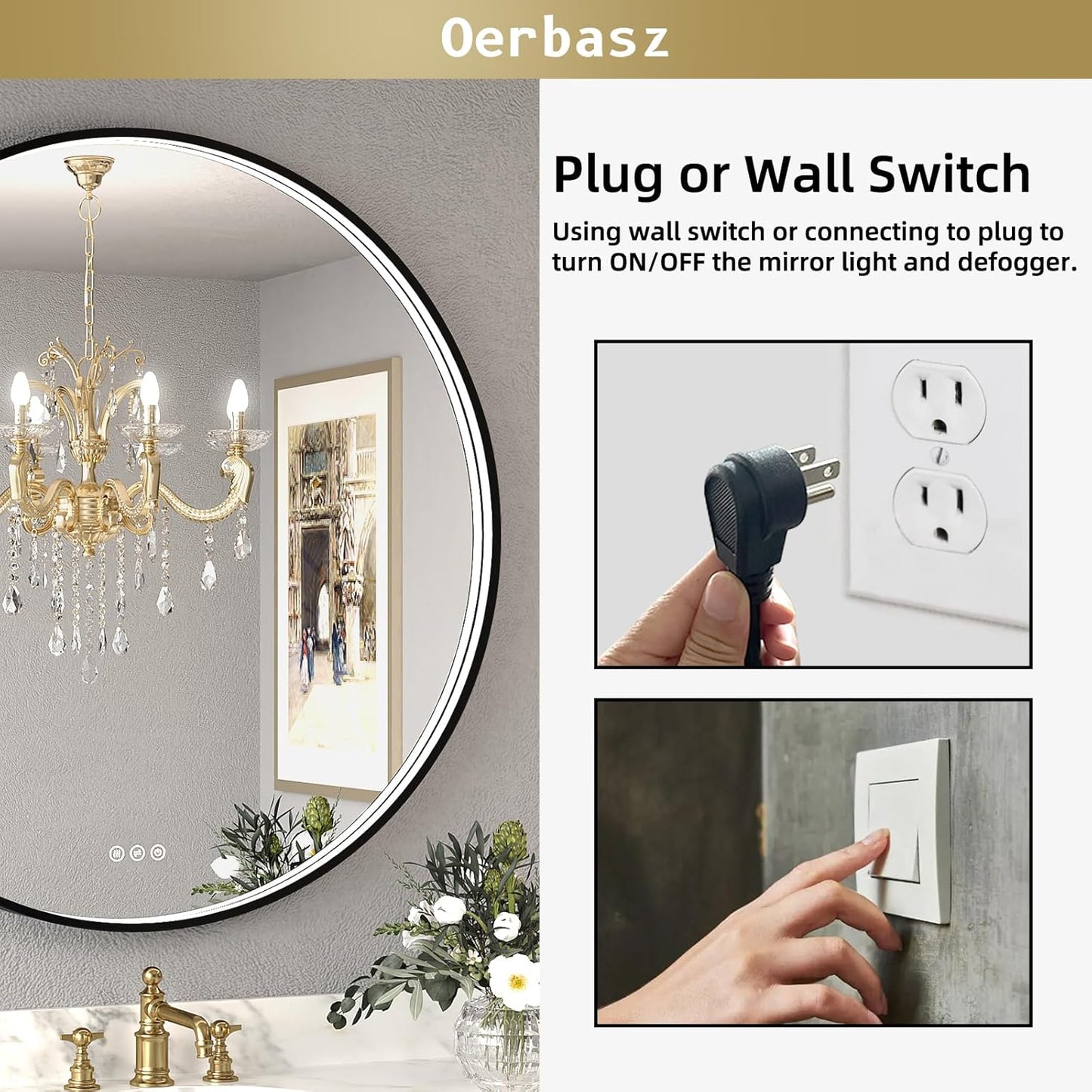 LED Bathroom Mirror with Black Framed 24 Inch, LED Mirror for Bathroom with Anti-Fog, Stepless Dimmable, Front Lit, Memory Function, Shatter-Proof